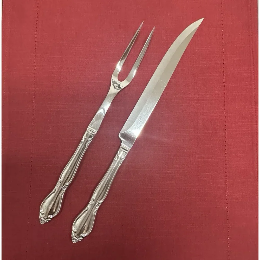 Vintage Imperial Stainless Rosedale Carving Set Knife & Fork USA Floral Design